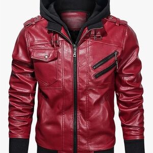 Men's Red Leather Jacket with Hood